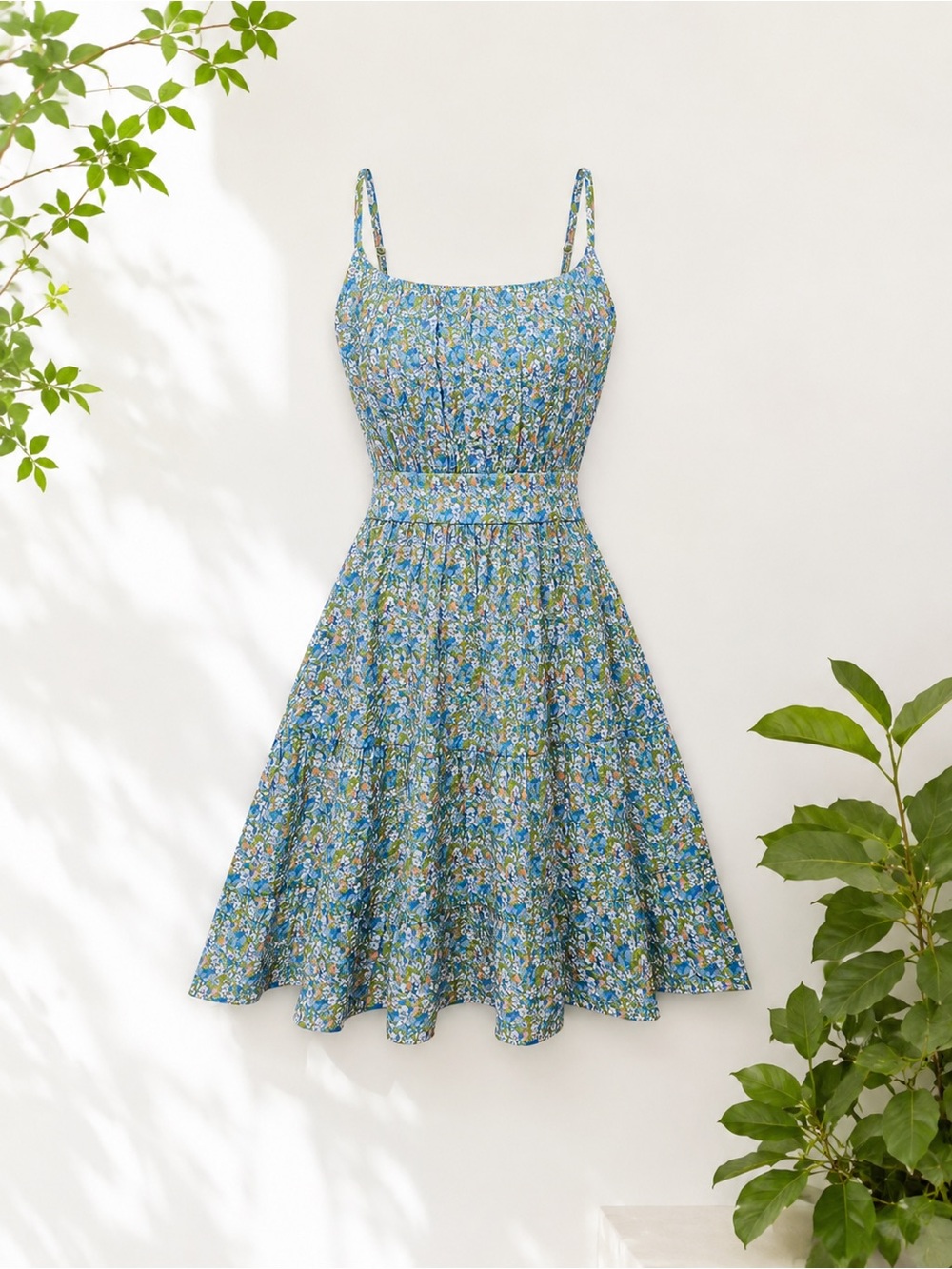 Blue Floral Smocked Mini Dress Spaghetti Strap Sundress